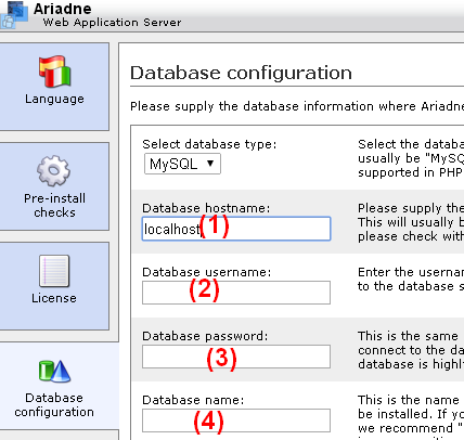 Configuration de la base de données d'un site internet Ariadne 