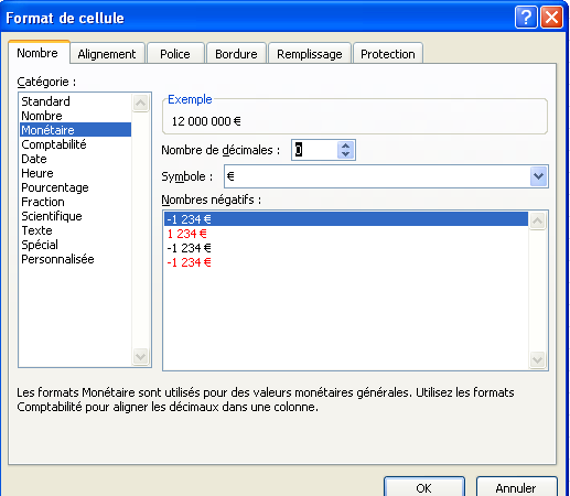 Nombre, choix du Format de la cellule Excel