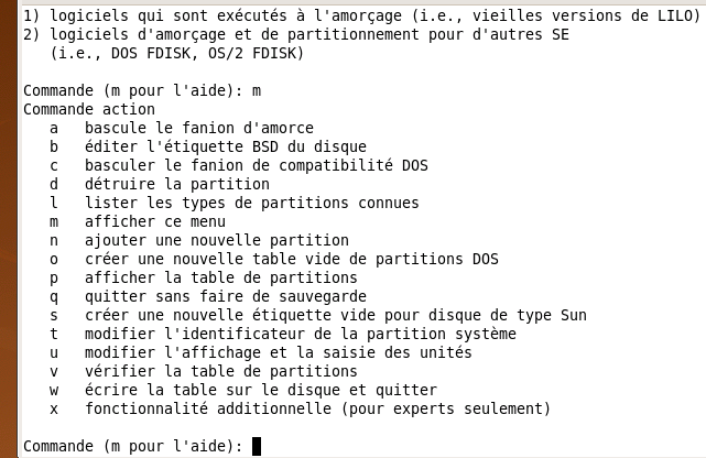 Liste des commandes fdisk